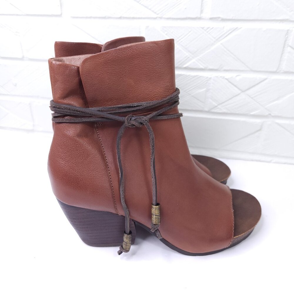 OTBT Vagabond Chestnut Brown Leather Open Toe Booties Wrap Ankle Detail 8